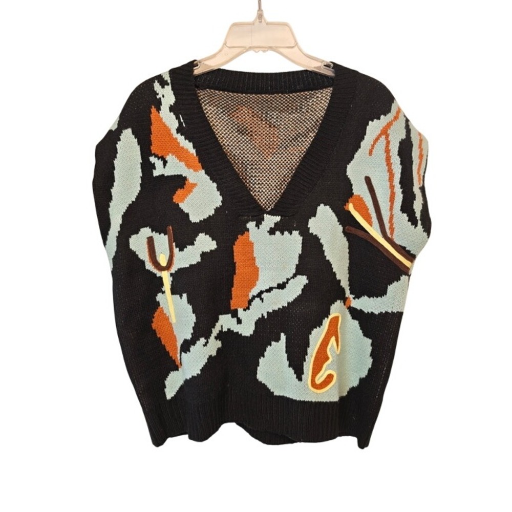 Black V-Neck Patterned Knit Sweater Vest, Abstract Oversized Comfy Size XL